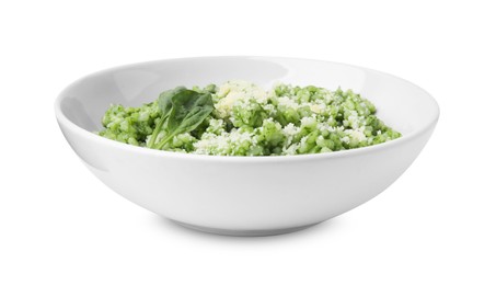 Photo of Delicious spinach risotto with parmesan cheese isolated on white