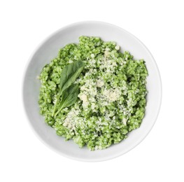 Photo of Delicious spinach risotto with parmesan cheese isolated on white, top view