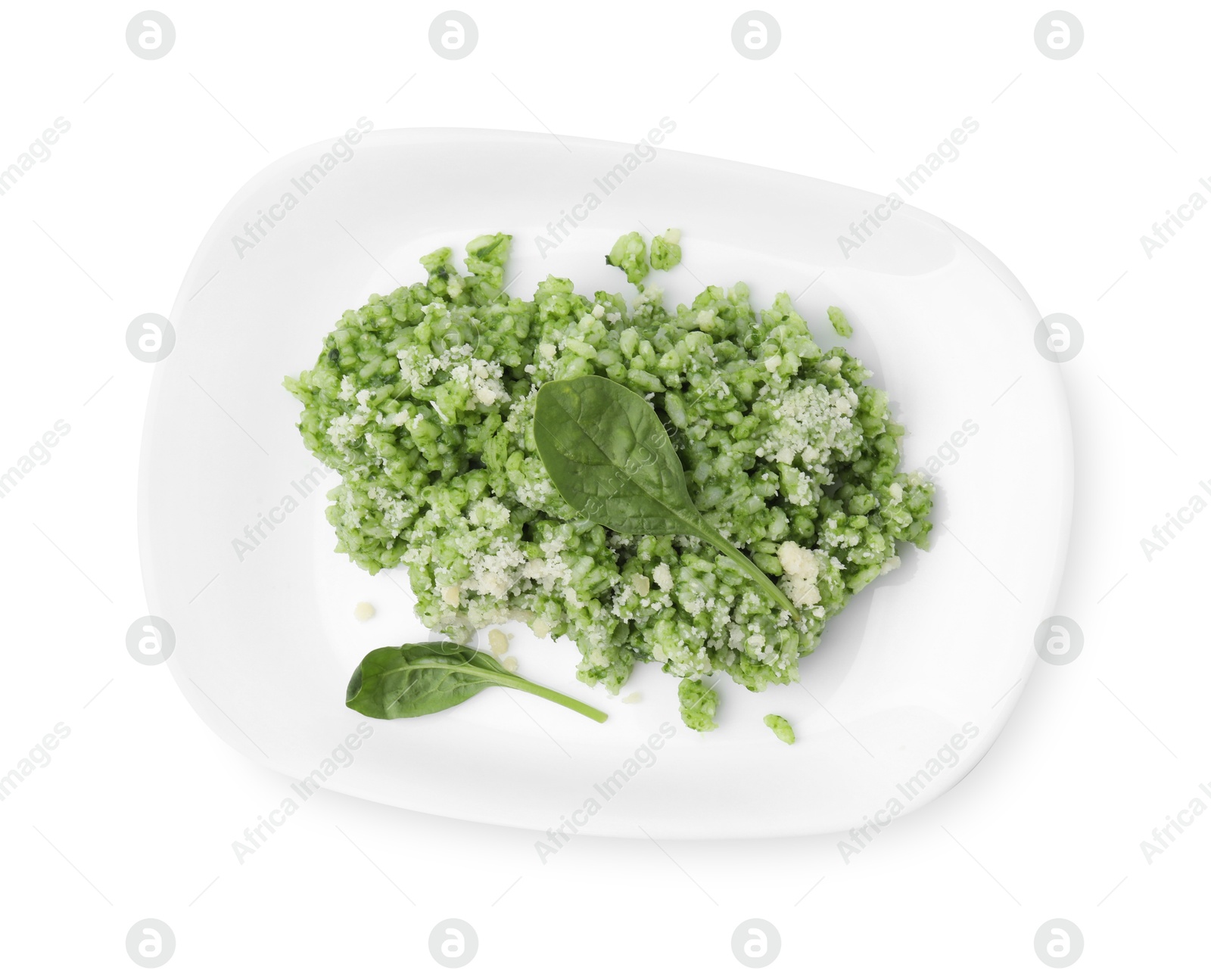 Photo of Delicious spinach risotto with parmesan cheese isolated on white, top view