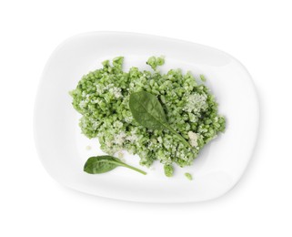 Photo of Delicious spinach risotto with parmesan cheese isolated on white, top view