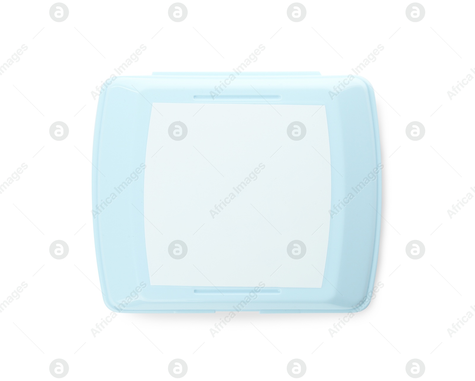 Photo of One plastic lunch box isolated on white, top view