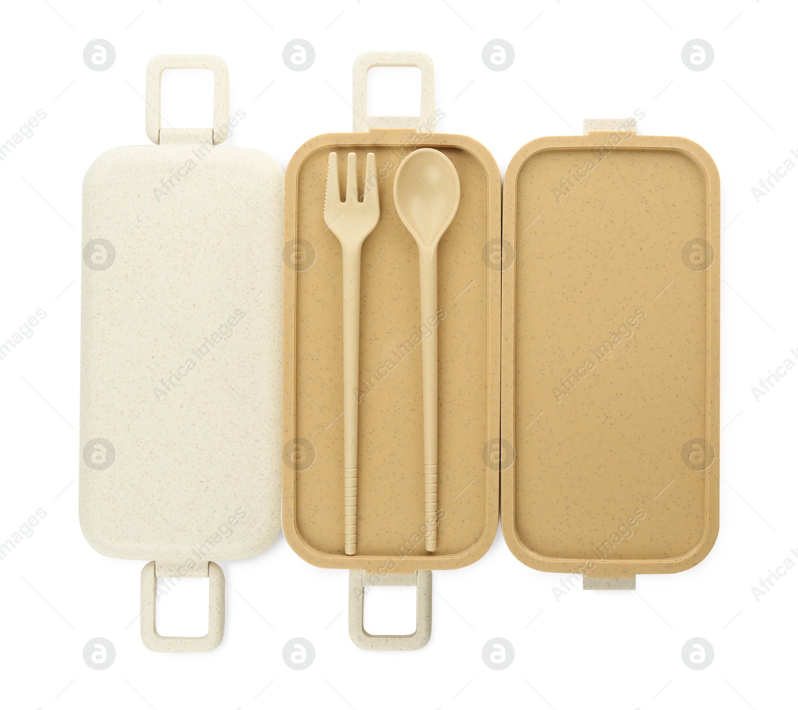 Photo of Compartments of plastic lunch box with cutlery isolated on white, top view