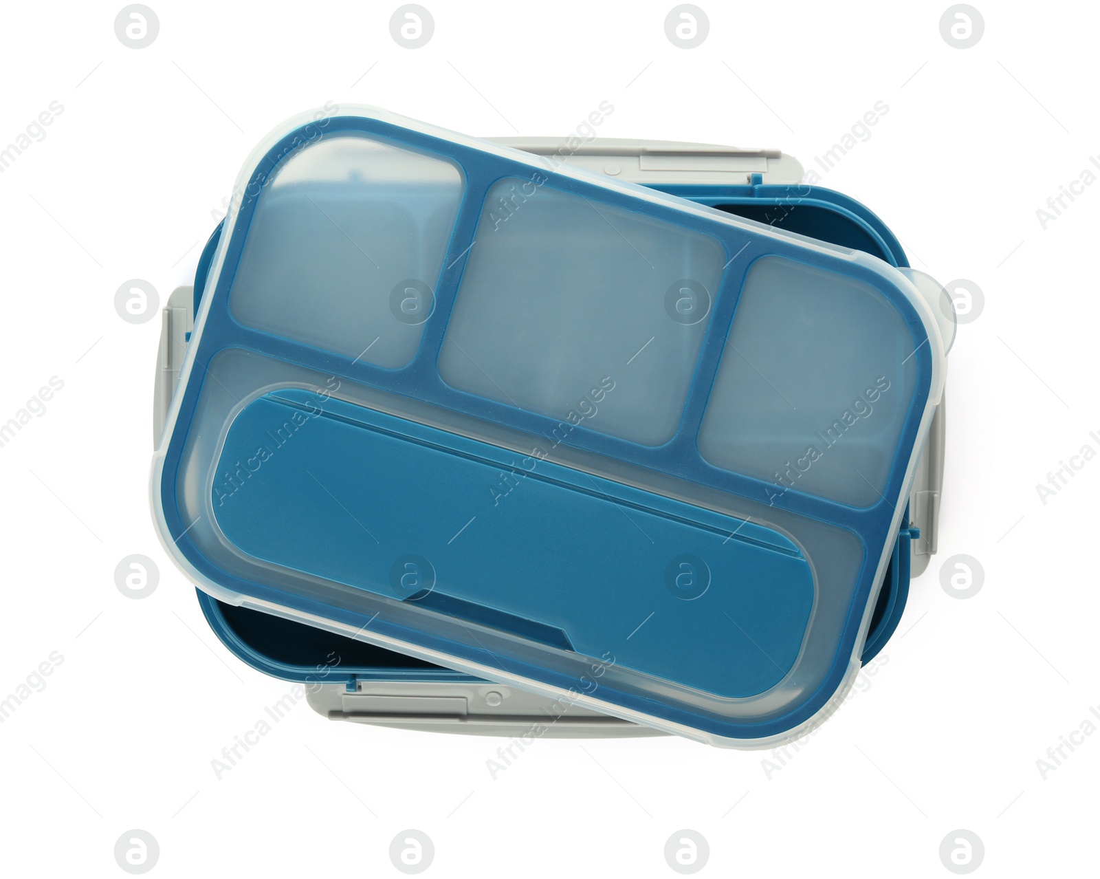 Photo of Empty plastic lunch box isolated on white, top view