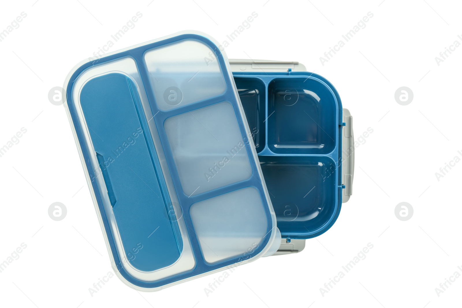 Photo of Empty plastic lunch box isolated on white, top view