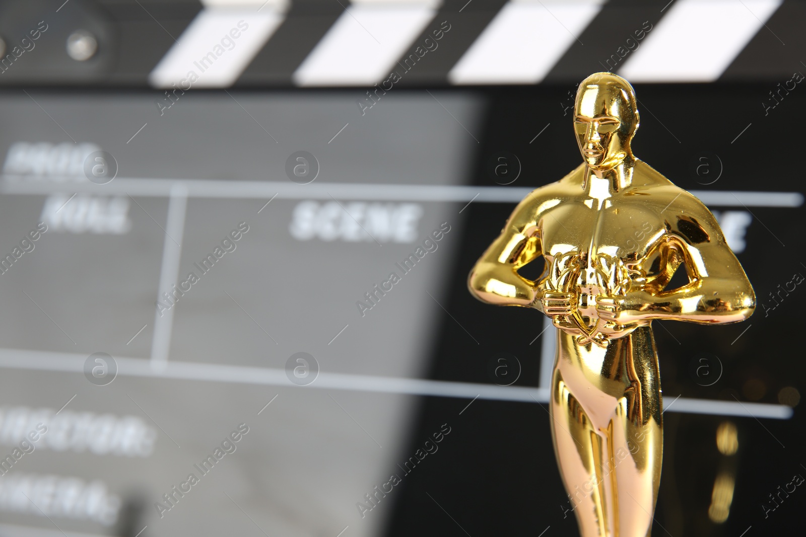 Photo of Golden Oscar award on blurred background, closeup. Space for text