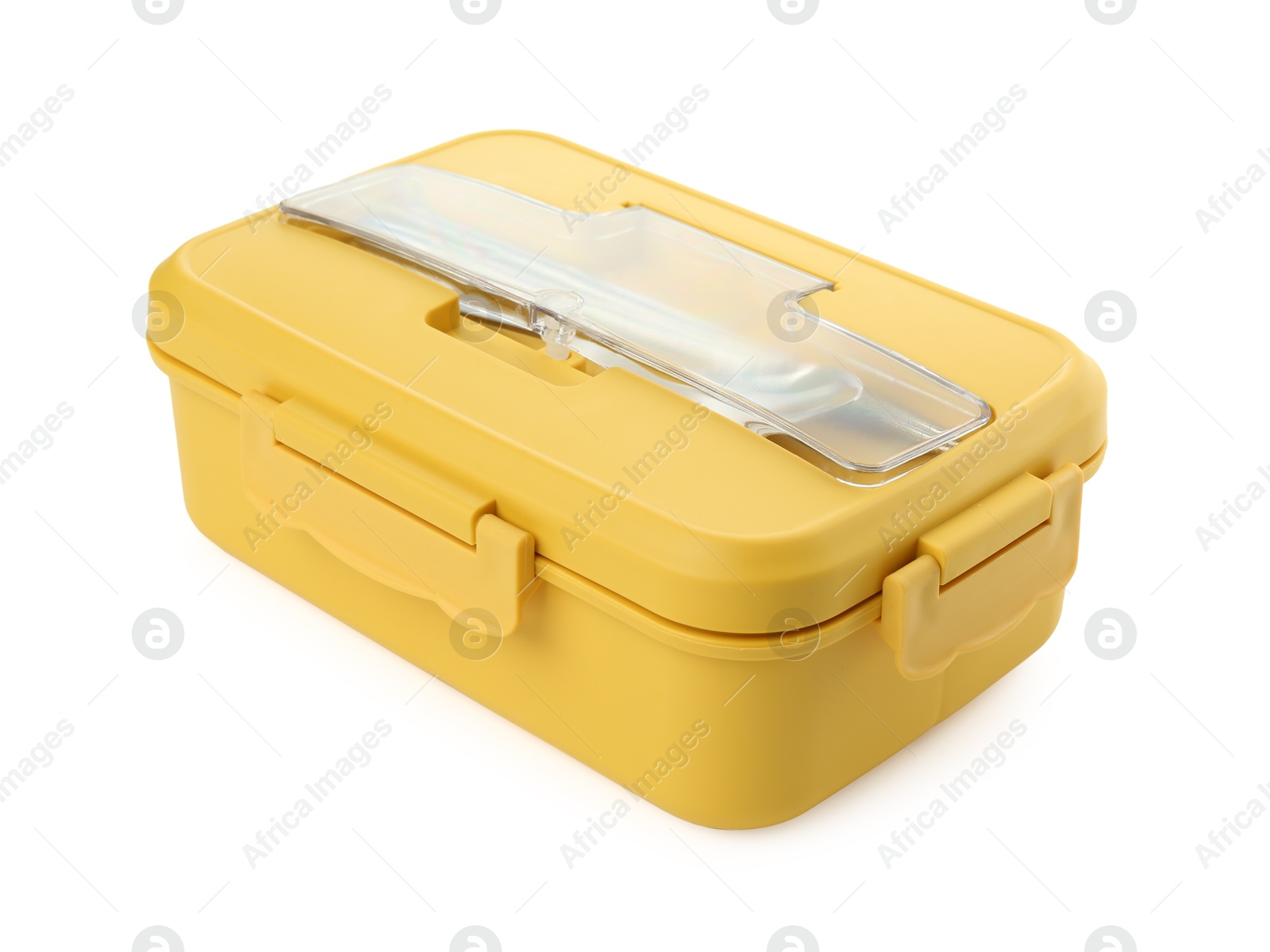 Photo of Yellow lunch box with cutlery isolated on white