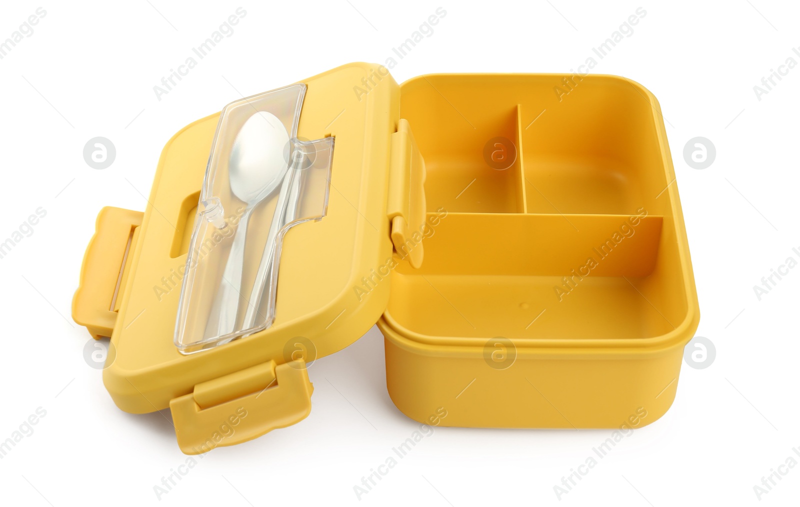 Photo of Empty lunch box with cutlery isolated on white