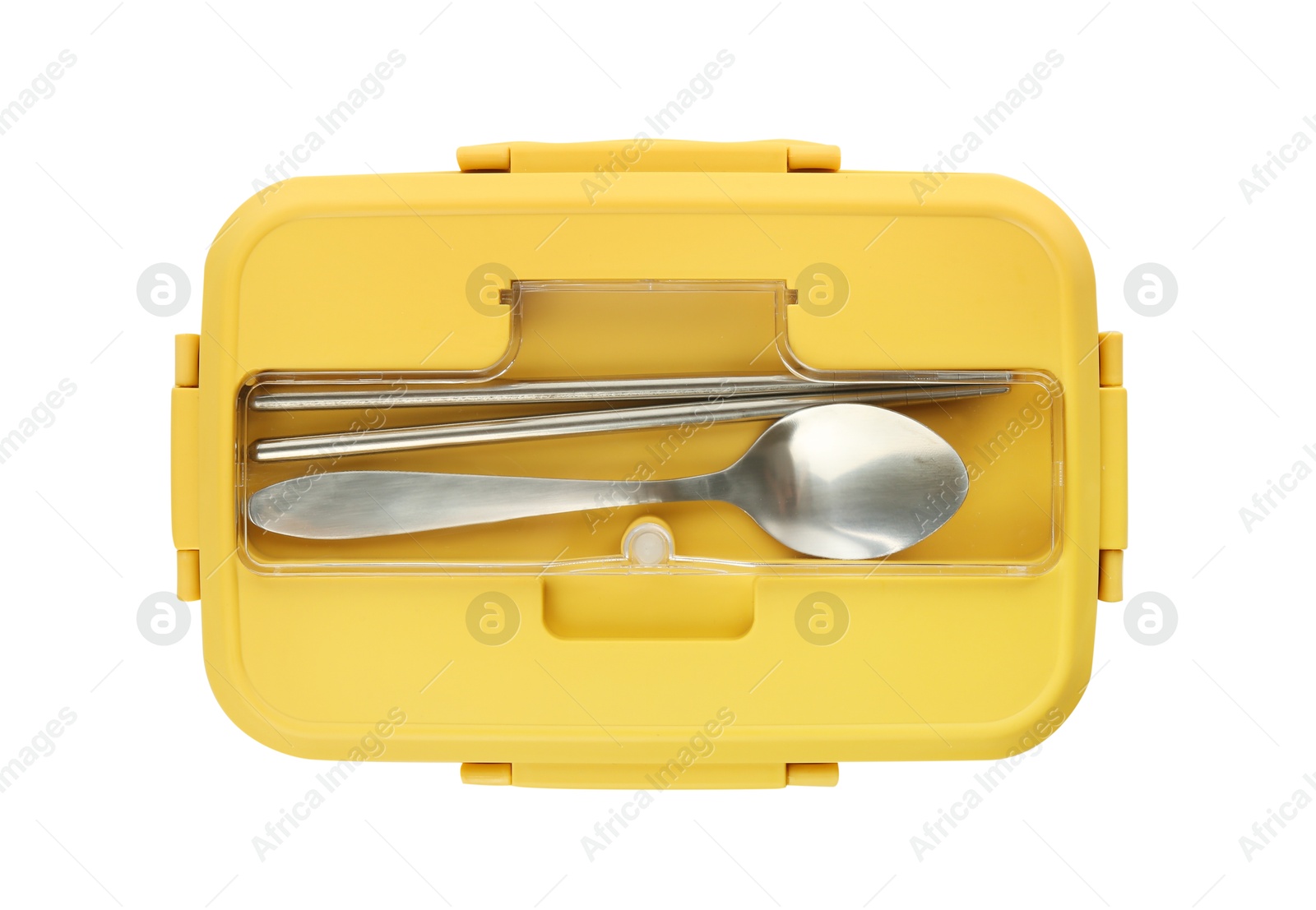 Photo of Yellow lunch box with cutlery isolated on white, top view