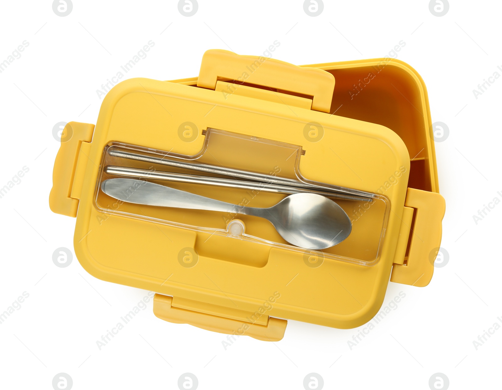 Photo of Empty lunch box with cutlery isolated on white, top view