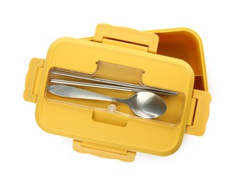 Empty lunch box with cutlery isolated on white, top view