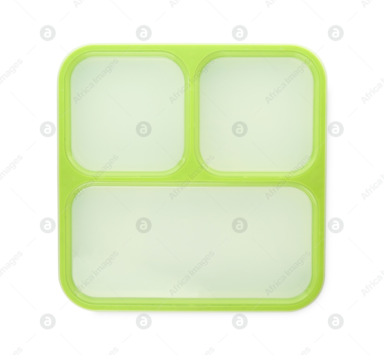 Photo of One plastic lunch box isolated on white, top view