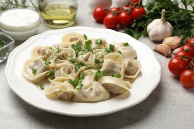 Photo of Delicious pelmeni with green onion served on grey table