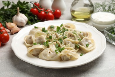 Photo of Delicious pelmeni with green onion served on grey table, closeup