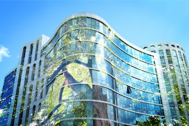 Image of Environment preservation. Double exposure of modern building and tree against blue sky, low angle view