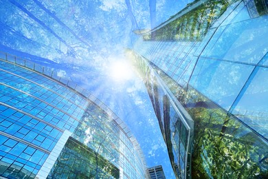 Image of Environment preservation. Double exposure of modern buildings and trees against blue sky, low angle view