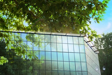 Image of Environment preservation. Double exposure of modern building and trees against blue sky, low angle view