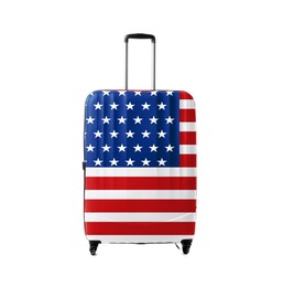 Suitcase painted in national flag of USA isolated on white