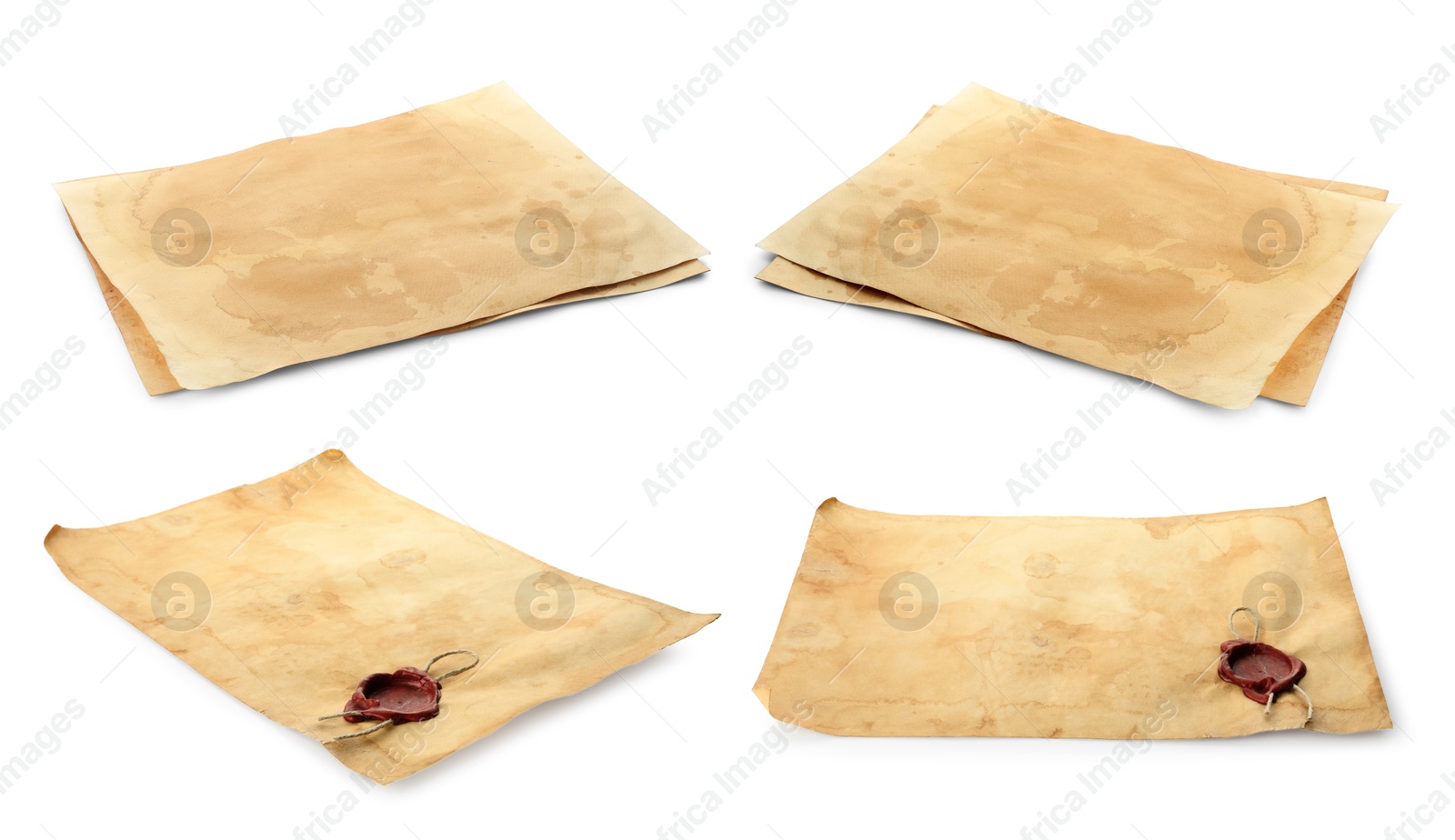 Image of Collage with sheets of old parchment paper isolated on white