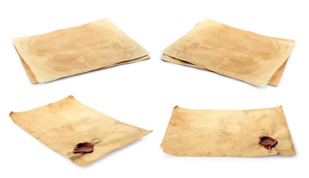 Collage with sheets of old parchment paper isolated on white