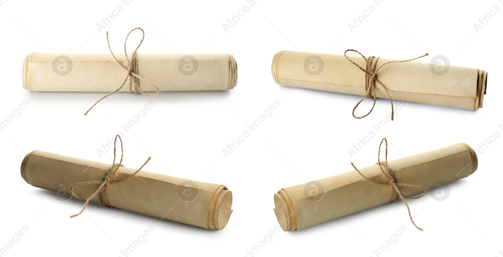 Image of Scrolls of old parchment paper isolated on white, collage