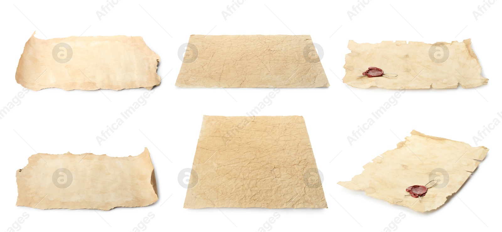 Image of Collage with sheets of old parchment paper isolated on white