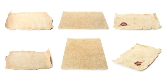 Collage with sheets of old parchment paper isolated on white