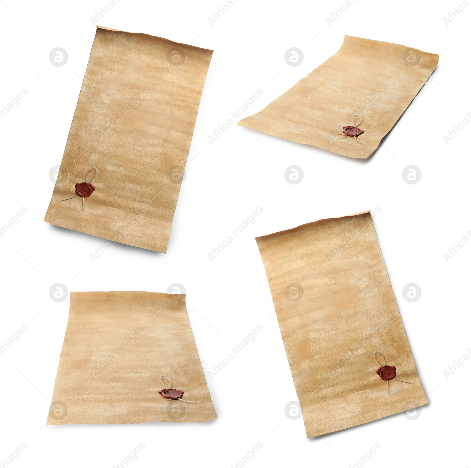 Image of Sheets of old parchment paper with wax seal isolated on white, collage