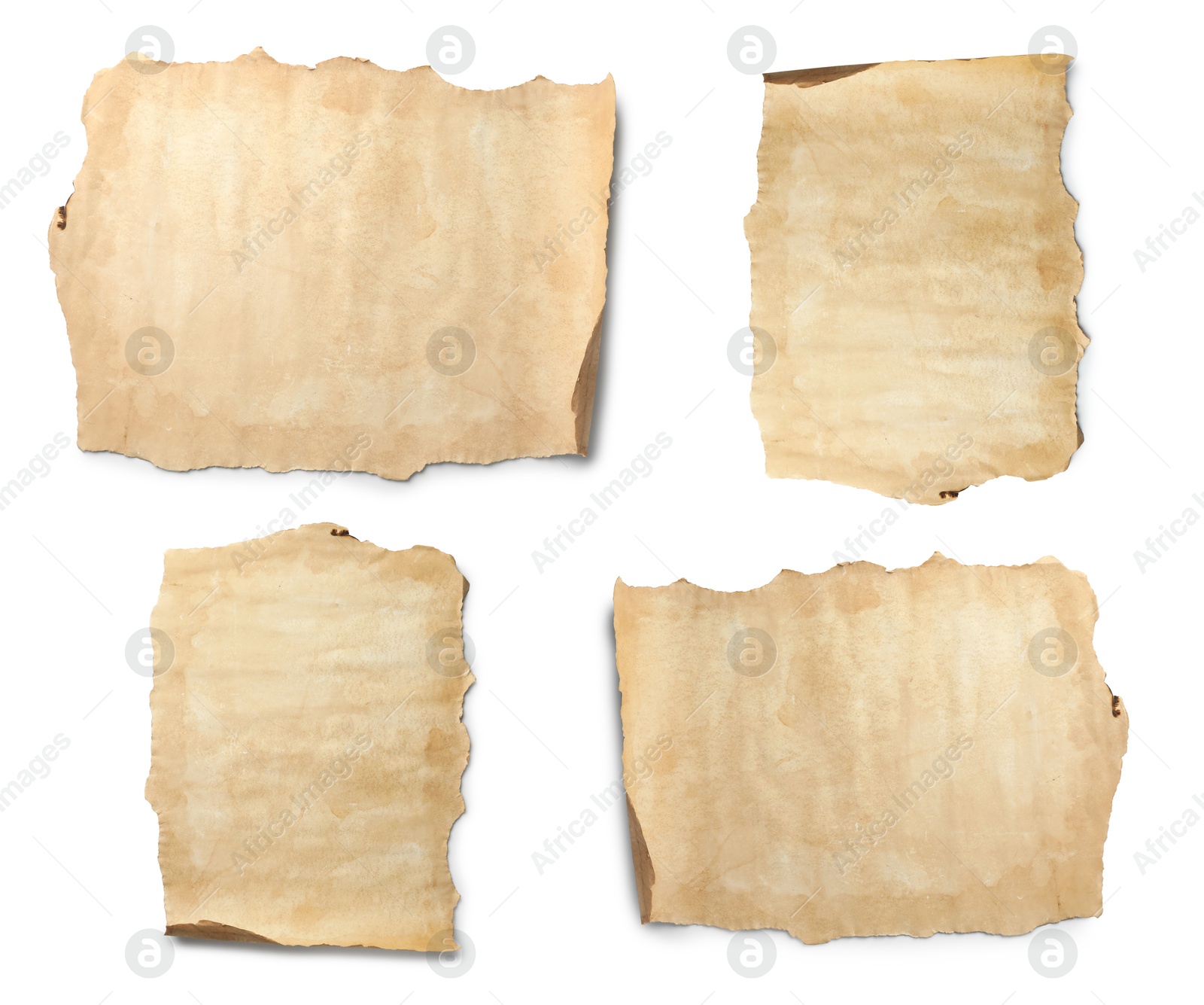 Image of Collage with sheet of old parchment paper isolated on white, top view