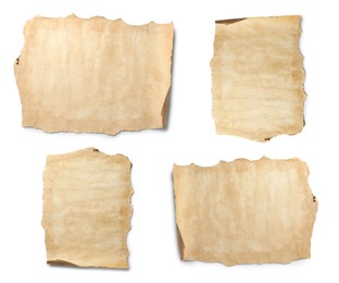 Image of Collage with sheet of old parchment paper isolated on white, top view