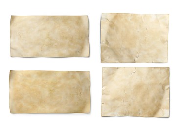 Collage with sheets of old parchment paper isolated on white, top view