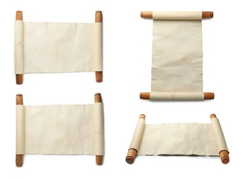 Image of Scroll of old parchment paper with wooden handles isolated on white, collage