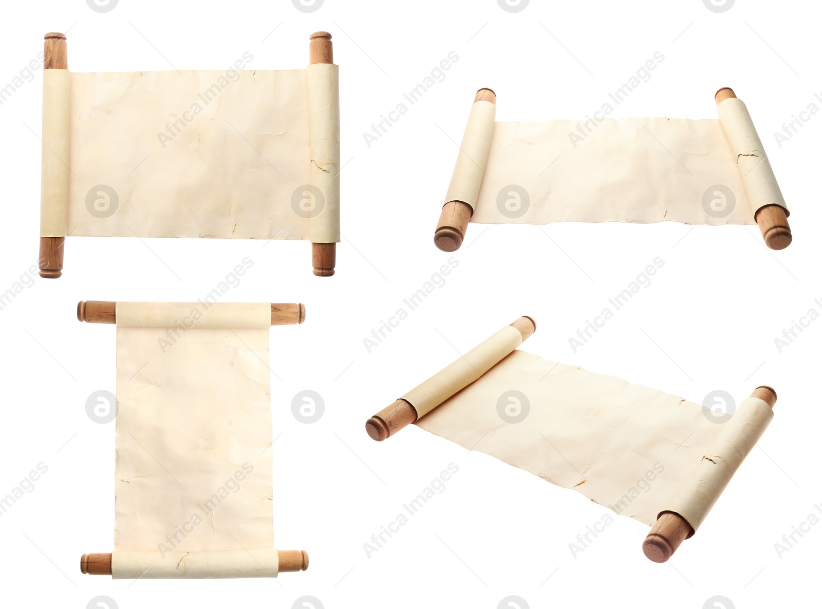 Image of Scroll of old parchment paper with wooden handles isolated on white, collage