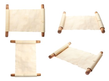 Image of Scroll of old parchment paper with wooden handles isolated on white, collage