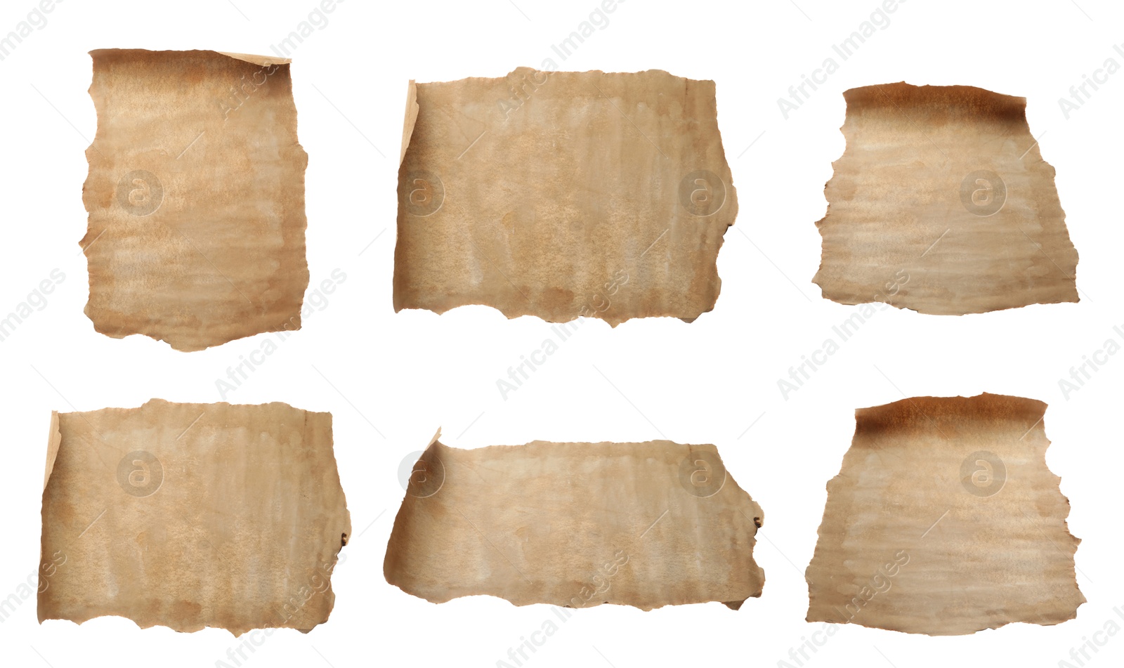 Image of Sheets of old parchment paper isolated on white, collage