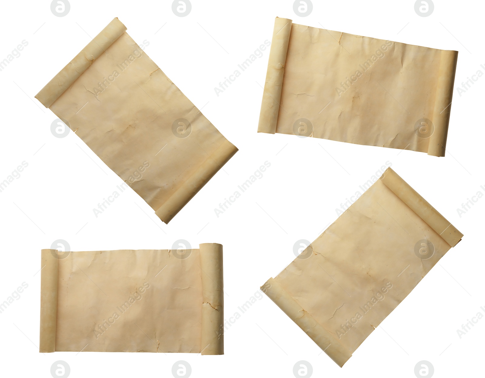 Image of Scroll of old parchment paper isolated on white, collage