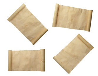 Image of Scroll of old parchment paper isolated on white, collage