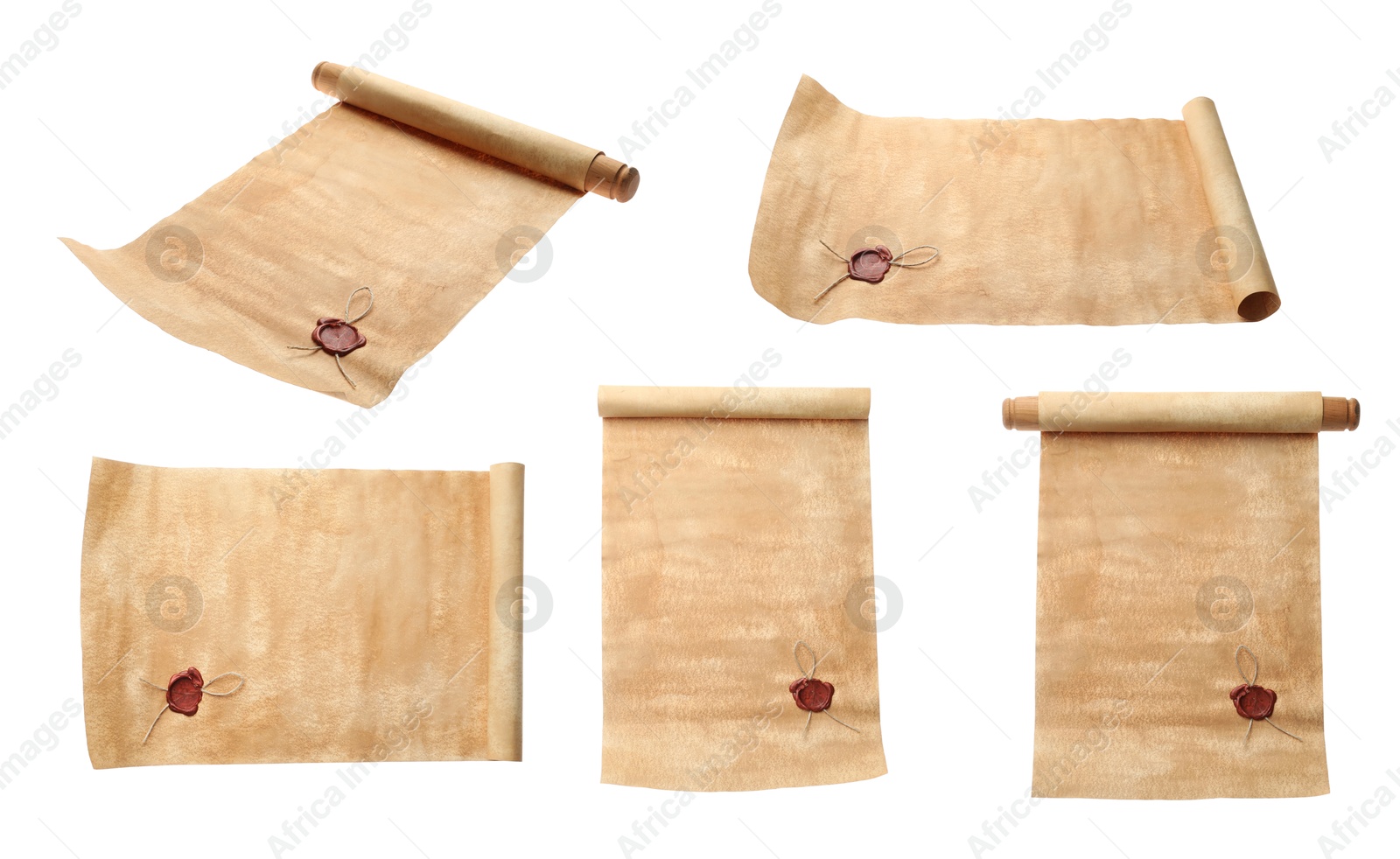 Image of Scroll of old parchment paper with wax seal isolated on white, collage