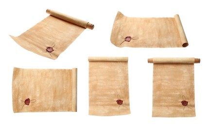 Scroll of old parchment paper with wax seal isolated on white, collage