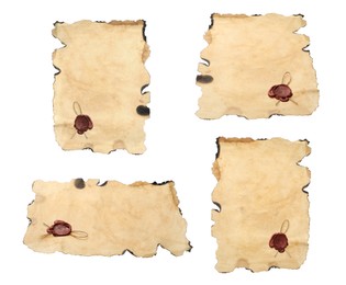 Sheet of old parchment paper with wax seal isolated on white, collage