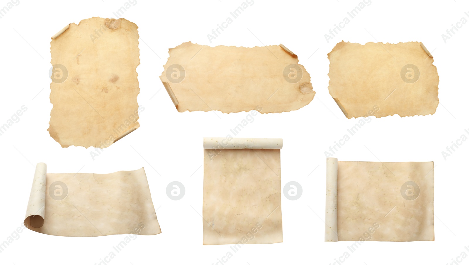 Image of Collage with sheets of old parchment paper isolated on white