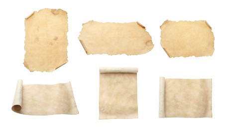 Collage with sheets of old parchment paper isolated on white