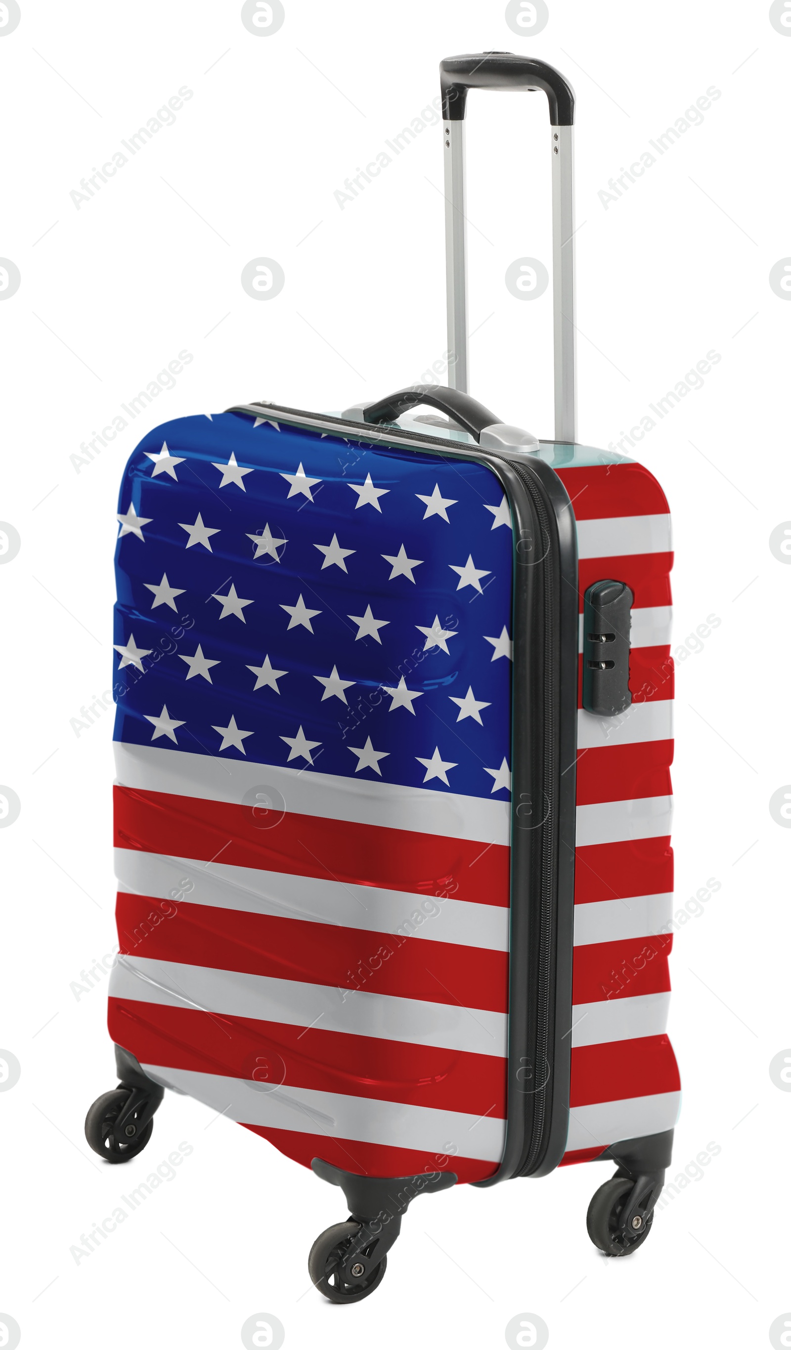 Image of Suitcase painted in national flag of USA isolated on white