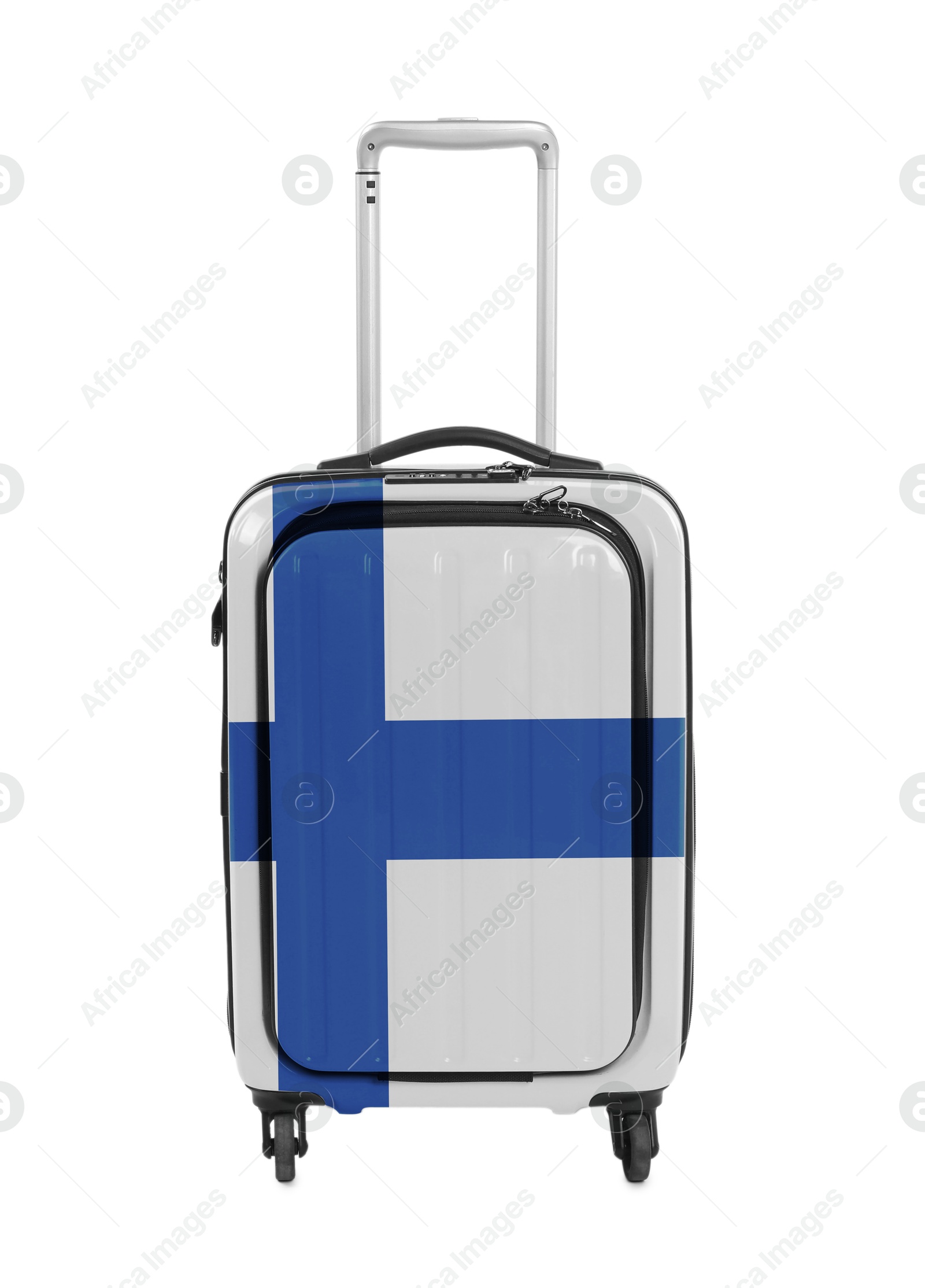 Image of Suitcase painted in national flag of Finland isolated on white