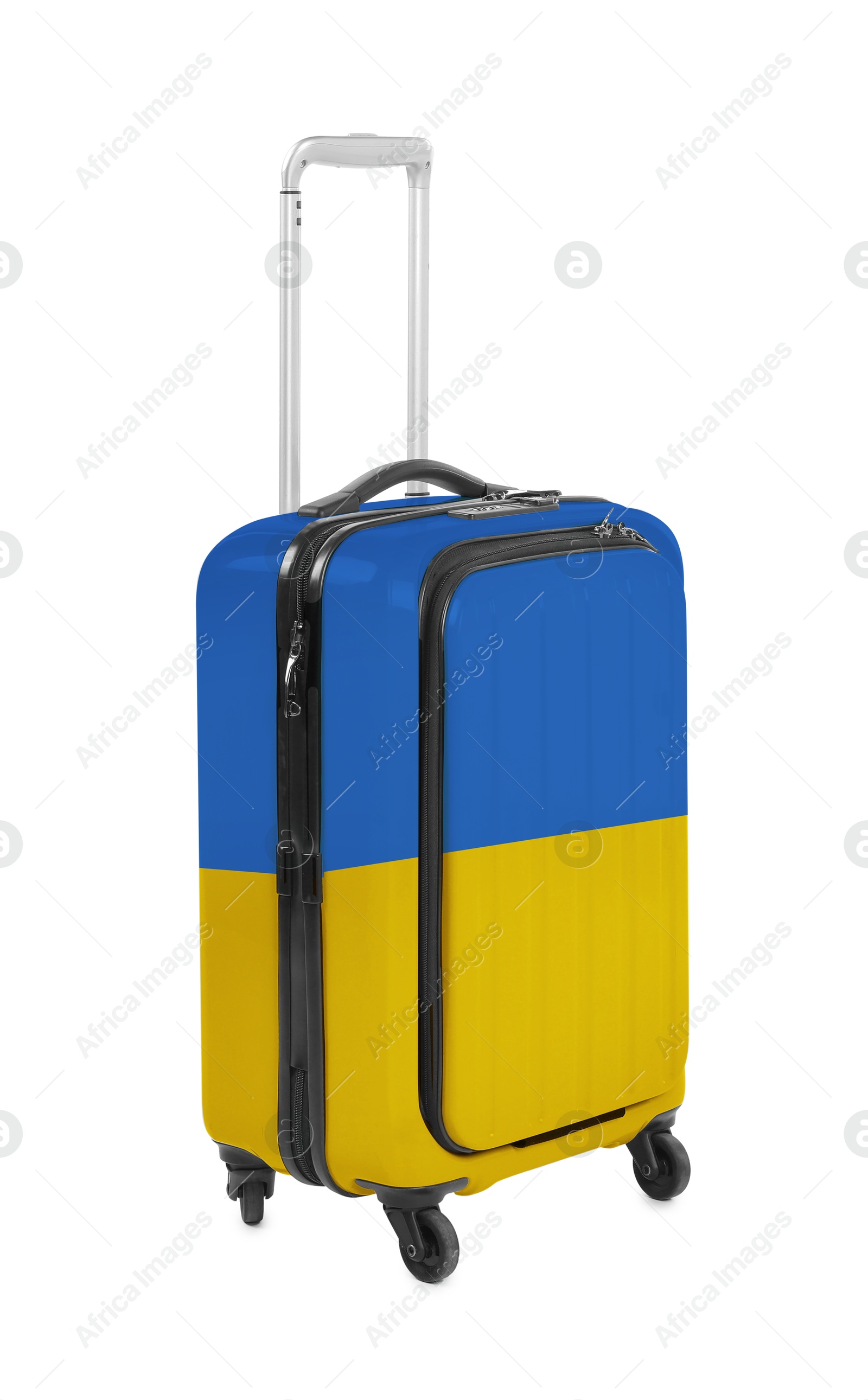 Image of Suitcase painted in national flag of Ukraine isolated on white