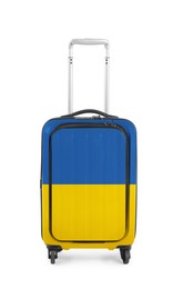 Image of Suitcase painted in national flag of Ukraine isolated on white