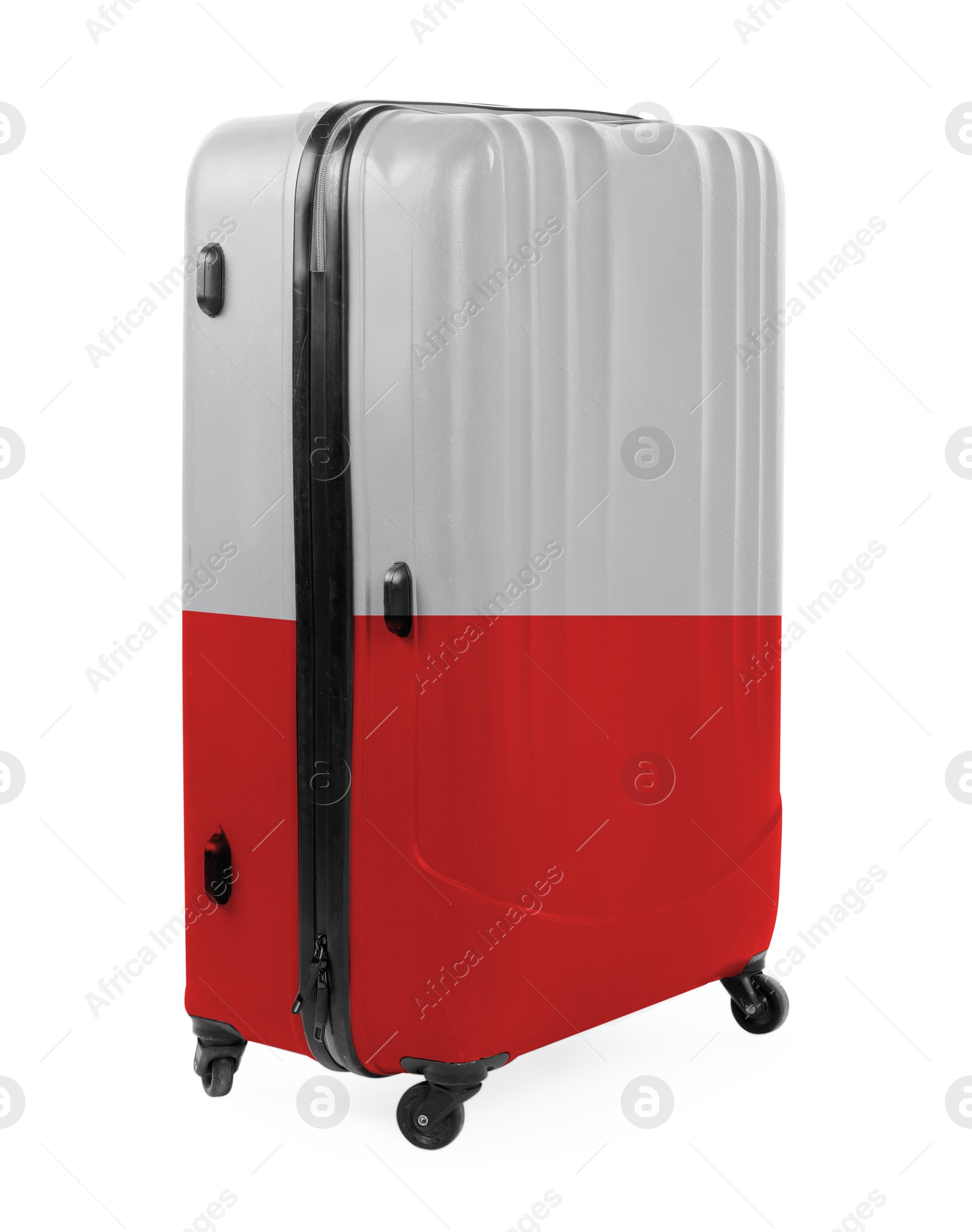 Image of Suitcase painted in national flag of Poland isolated on white