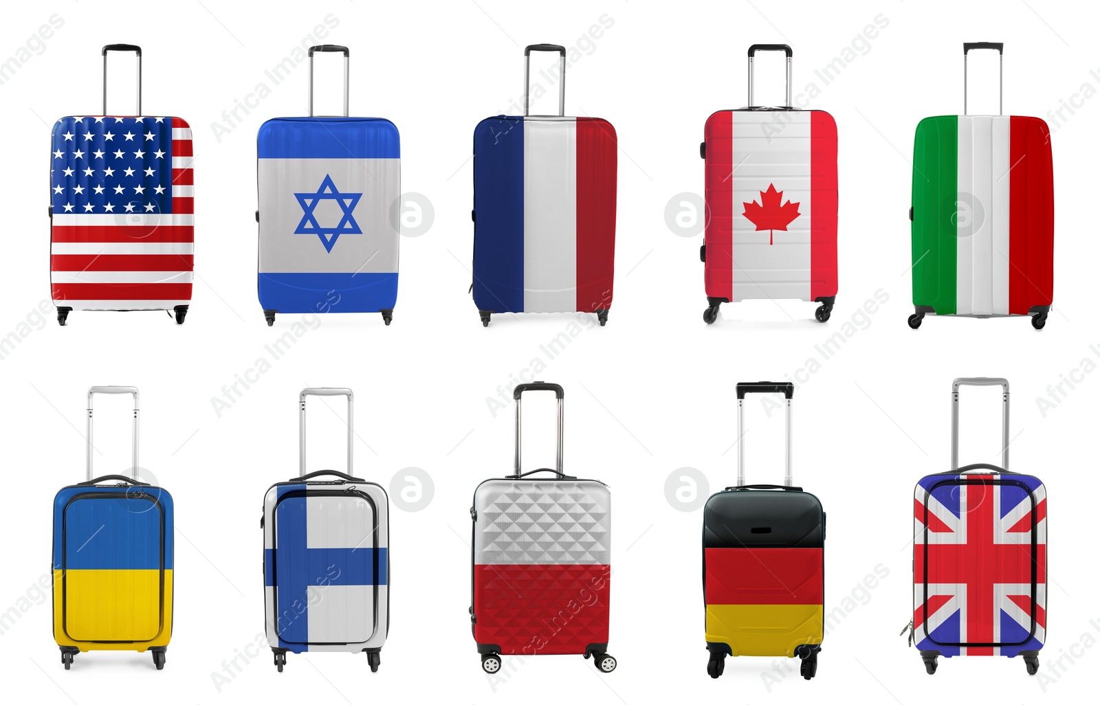 Image of Suitcases painted in national flags of different countries isolated on white, set