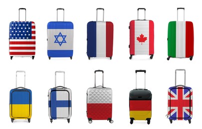 Image of Suitcases painted in national flags of different countries isolated on white, set