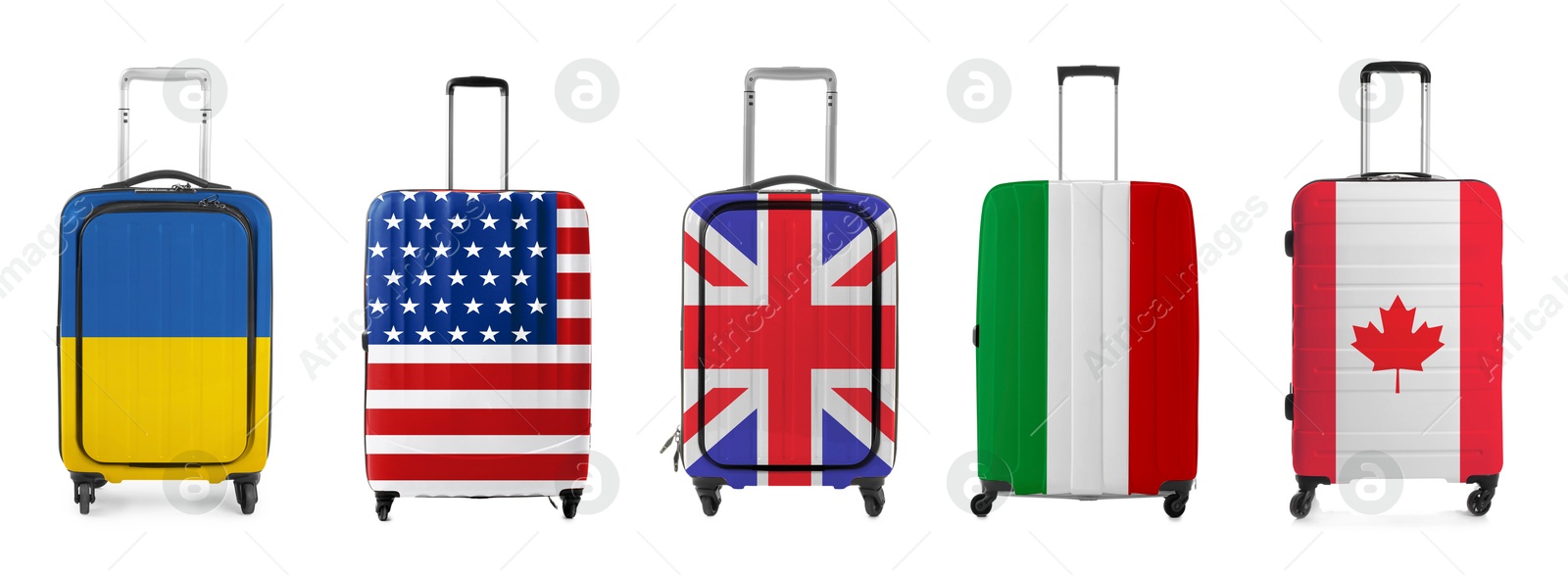 Image of Suitcases painted in national flags of different countries isolated on white, set