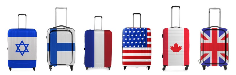 Image of Suitcases painted in national flags of different countries isolated on white, set